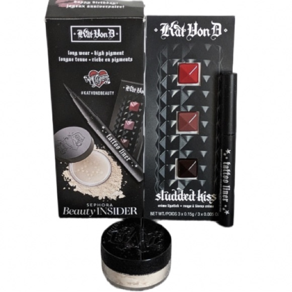 NIP Kat Von D makeup deluxe trial kit w/ tattoo liner, setting powder & lipstick